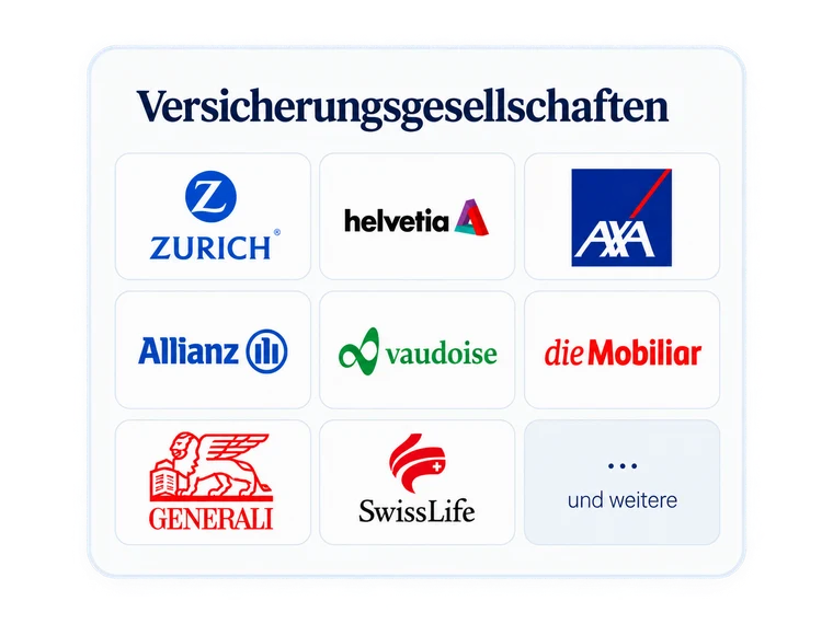 Versicherungsgesellschaften: Zurich, Helvetia, AXA, Allianz, Vaudoise, die Mobiliar, Generali, Swiss Life und weitere.